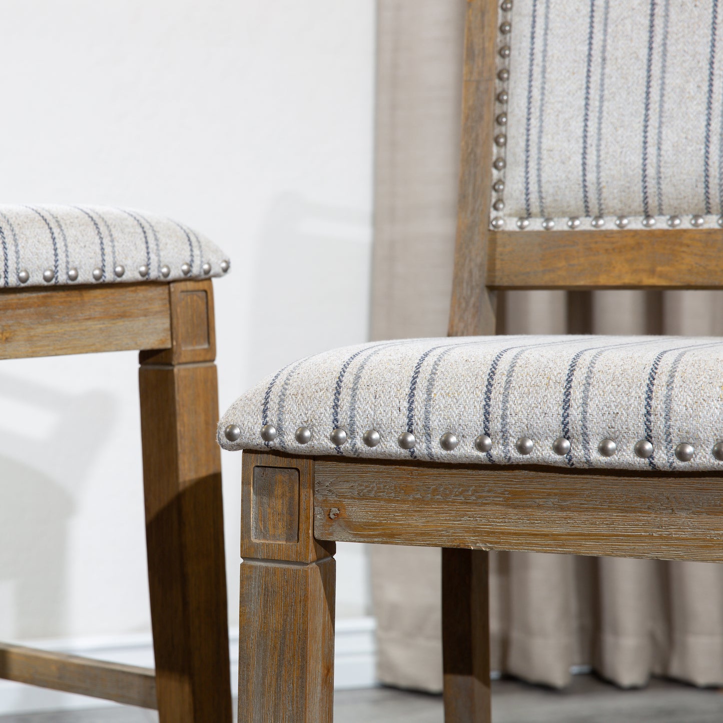 Santara - Set of 2 - 24" Rustic Counter Stools with Gray Wash Finish and Striped Upholstered Seat