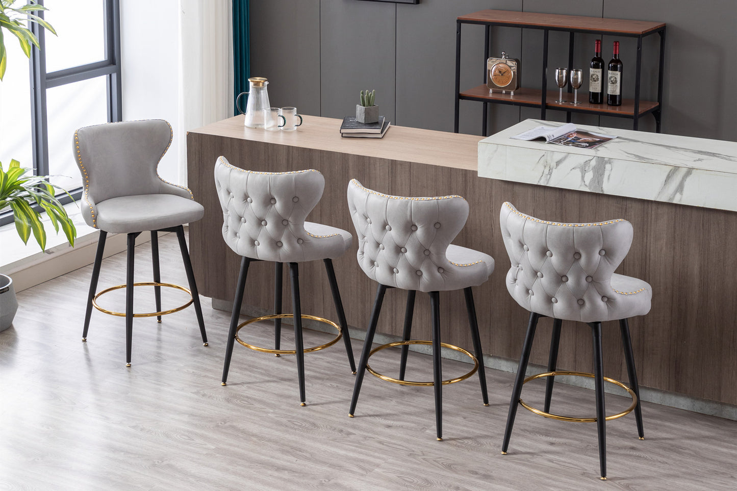 Amelia - Set of 2 – 25" Light Gray Counter Height Tufted Bar Stools with 180° Swivel, Gold Nailhead Trim, and Black Metal Legs