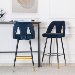 Zara - Set of 2 - 29" Blue Velvet Bar Stools with Gold-Tipped Black Metal Legs