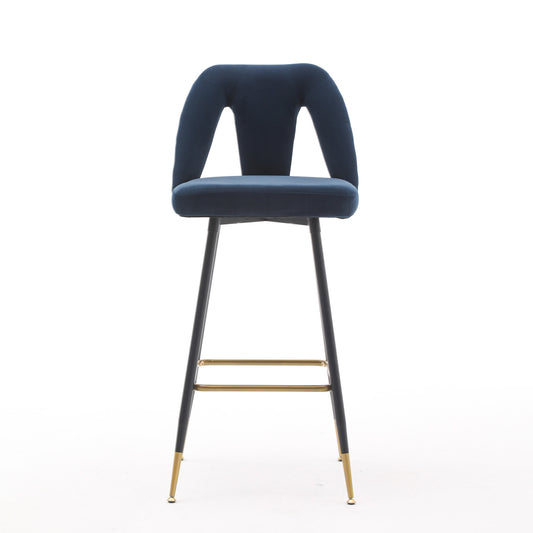 Zara - Set of 2 - 29" Blue Velvet Bar Stools with Gold-Tipped Black Metal Legs