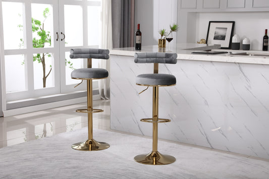 Avyline - Set of 2 - 25" - 33" Grey Velvet Adjustable Bar Stools with Footrest and Golden Iron Legs