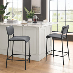 Kensington – Set of 2 – 25" Grey Faux Leather Counter Stools with Backrest, Footrest & Sturdy Metal Frame