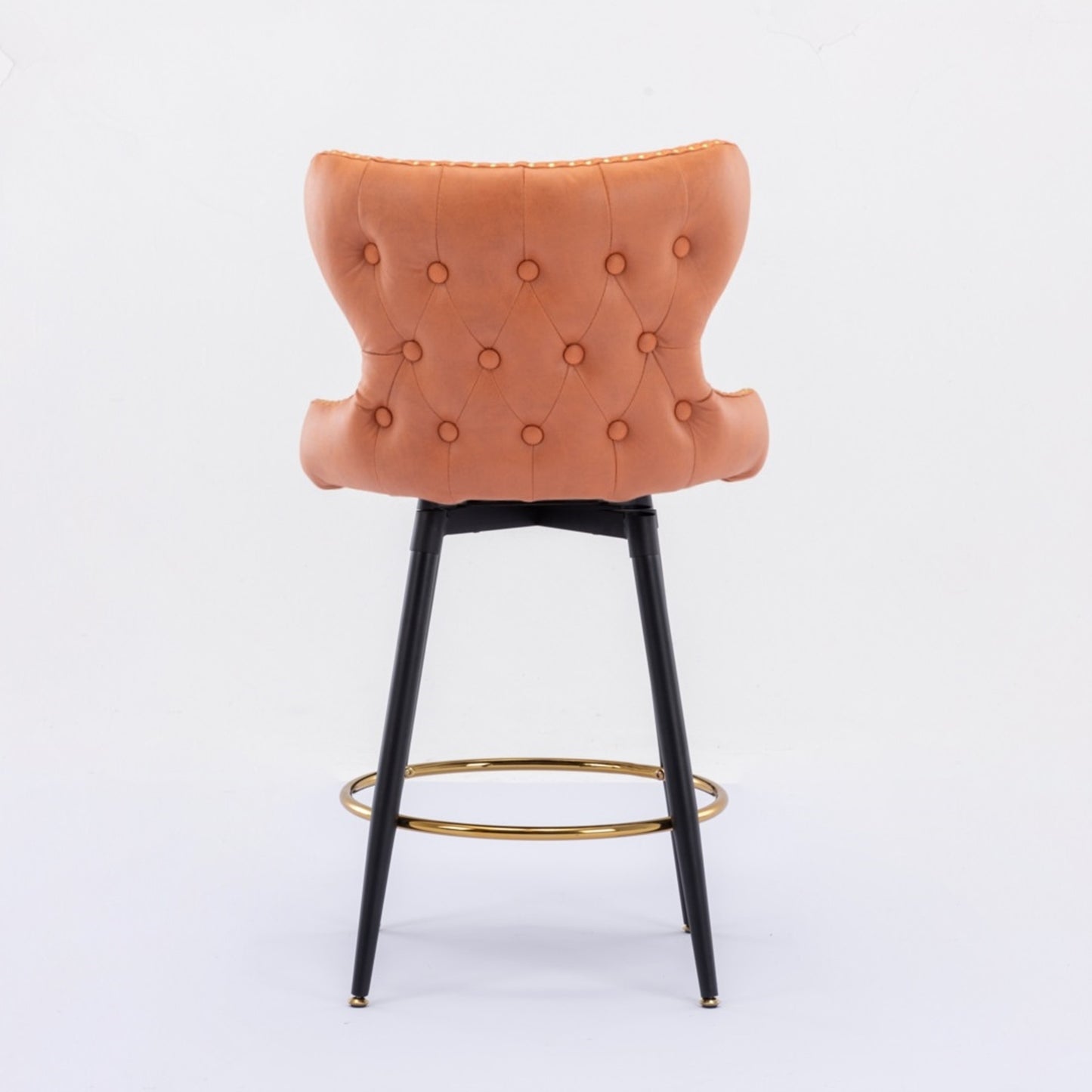 Vera - Set of 2 - Orange 25" Counter Height Swivel Bar Stools with Tufted Leathaire Fabric, Gold Nailhead Trim, and Black Metal Legs