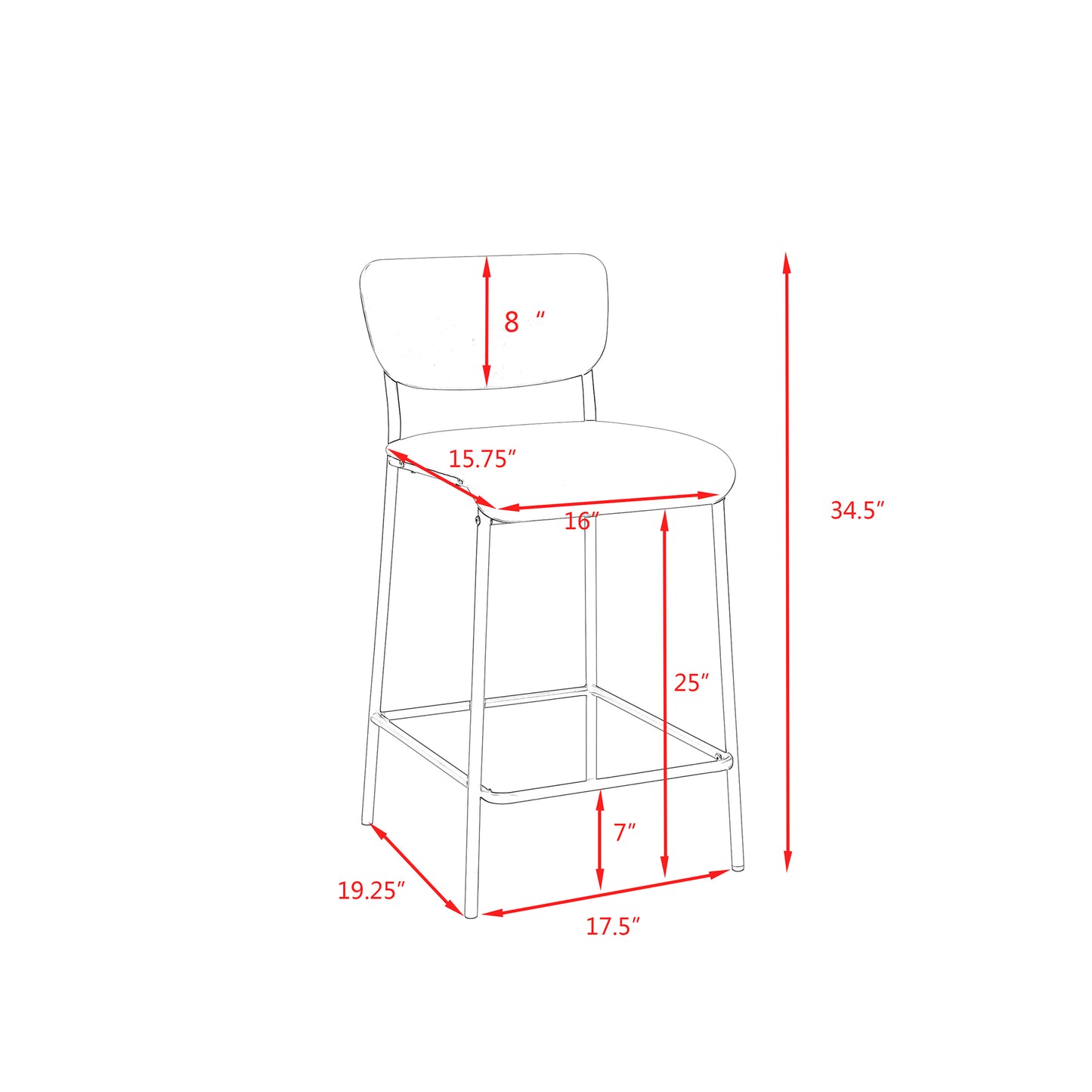 Kensington – Set of 2 – 25" Grey Faux Leather Counter Stools with Backrest, Footrest & Sturdy Metal Frame