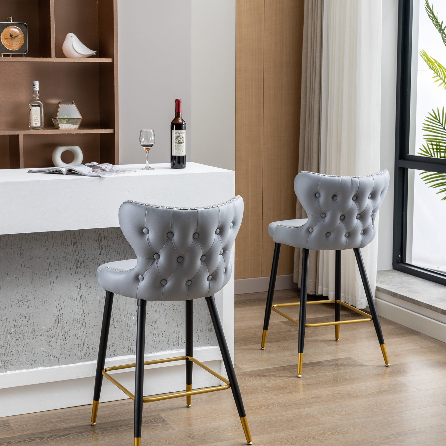 Shyanne - Set of 2 - 27" Bar Height Counter Stools with Backs, Modern Dining Bar Chairs with Iron Legs, Grey for Kitchen Island or Bistro