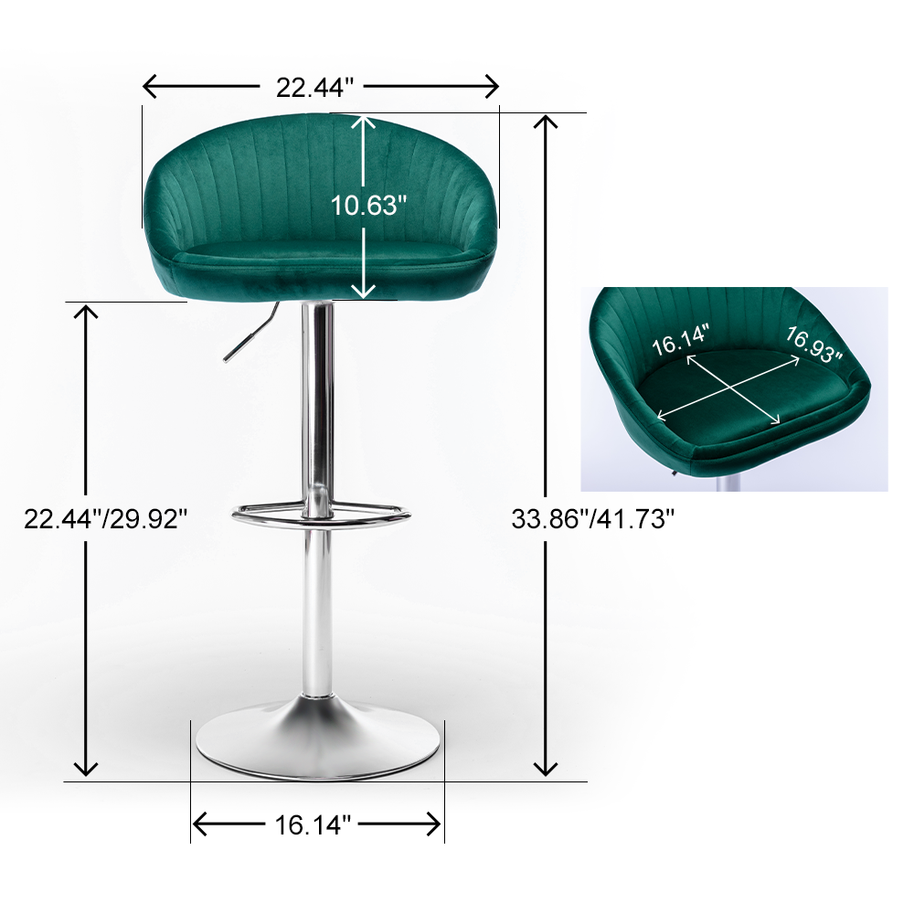 Sherwood - Set of 2 - 25" Emerald Velvet Adjustable Counter Height Bar Stools with Backrest and Footrest