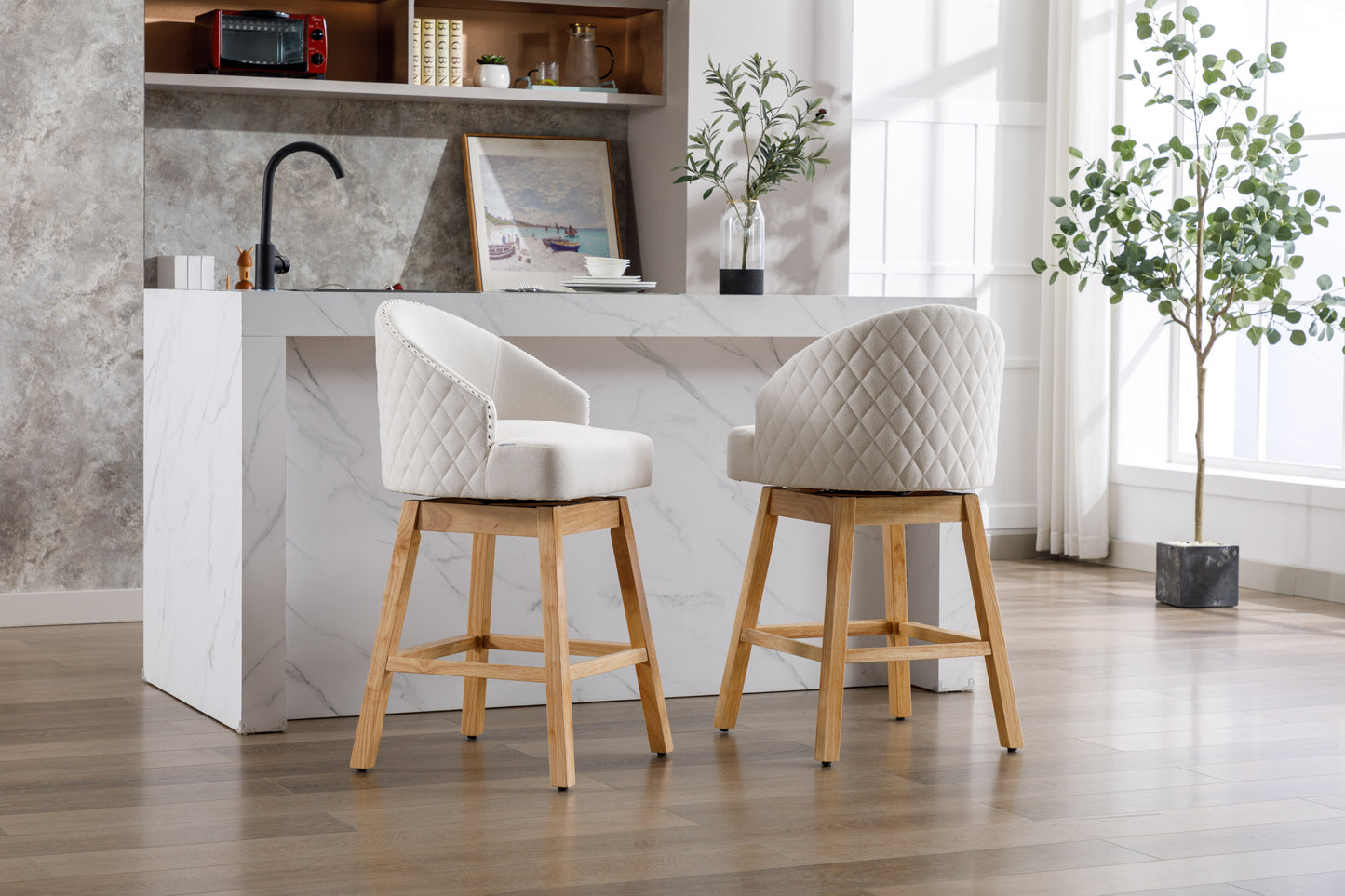 Halstid - Set of 2 - 29" Beige Linen Counter Height Bar Stools with 360° Swivel - Footrest and Solid Wood Legs