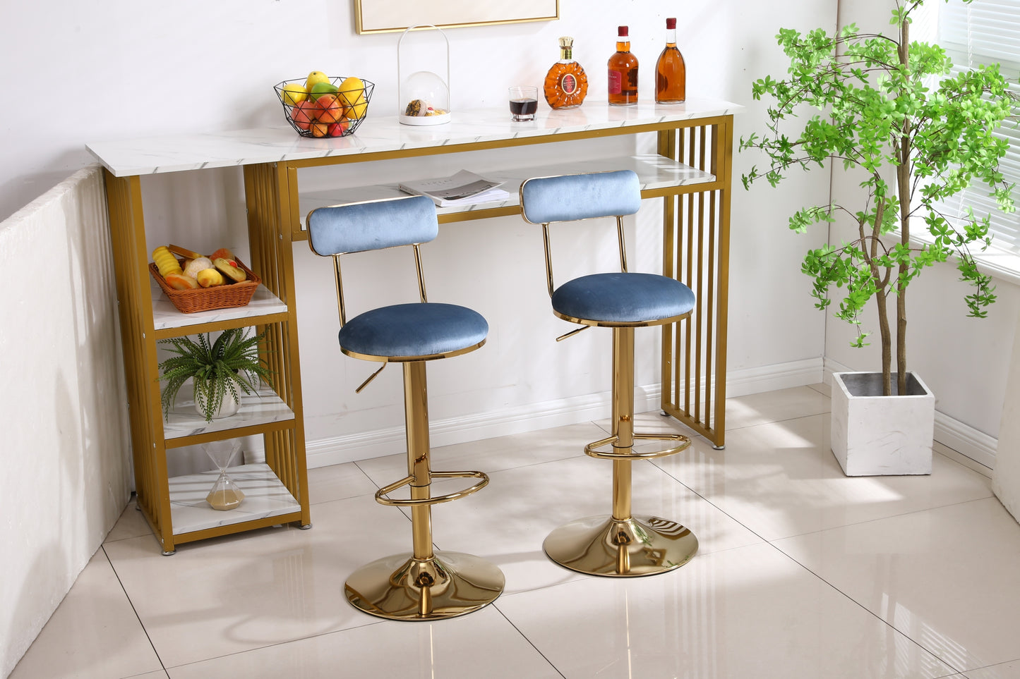 Imperia - Set of 2 - 24" to 30" Adjustable  Light Blue Velvet Bar Stools with Golden Steel Legs