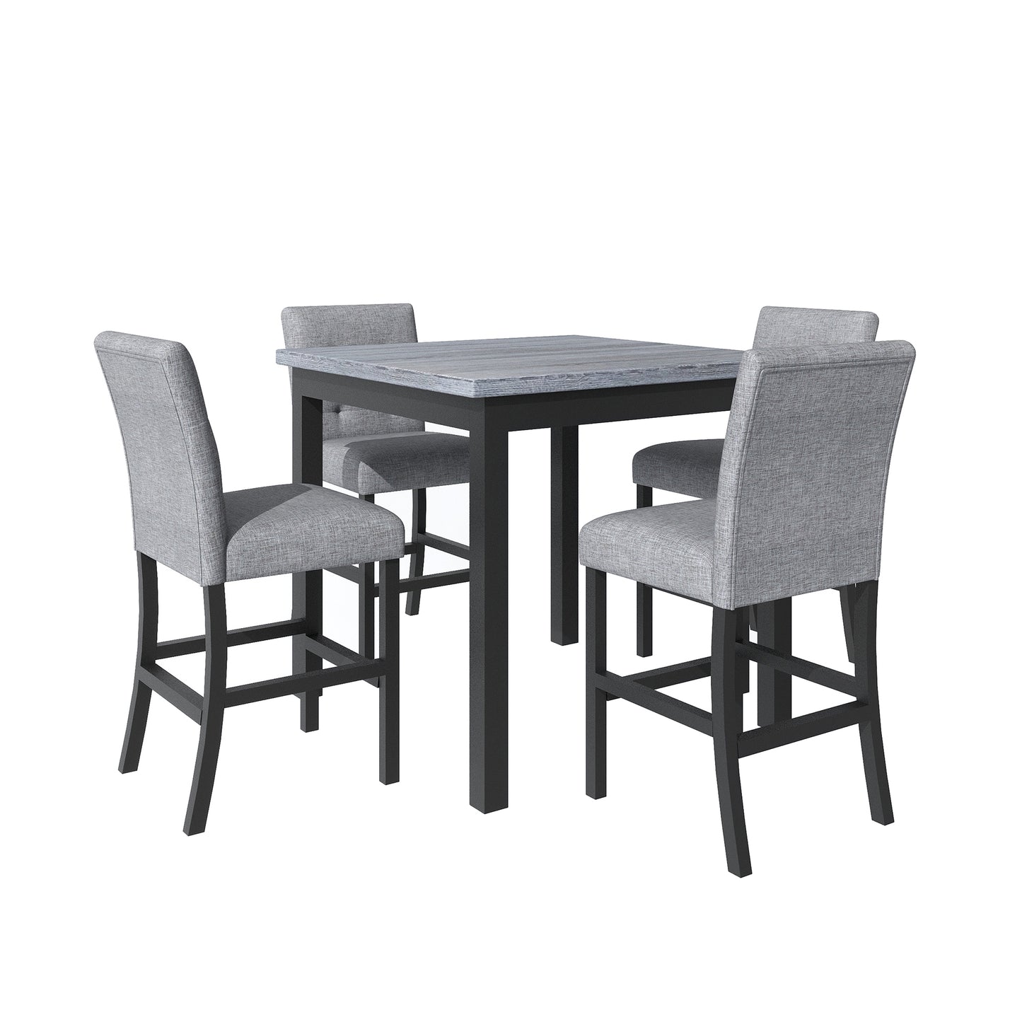 Lethyr - Set of 2 - 24" Black & Gray Rubberwood Counter Stools with Upholstered Seats, 5-Piece Dining Set, Square Table (36”H)