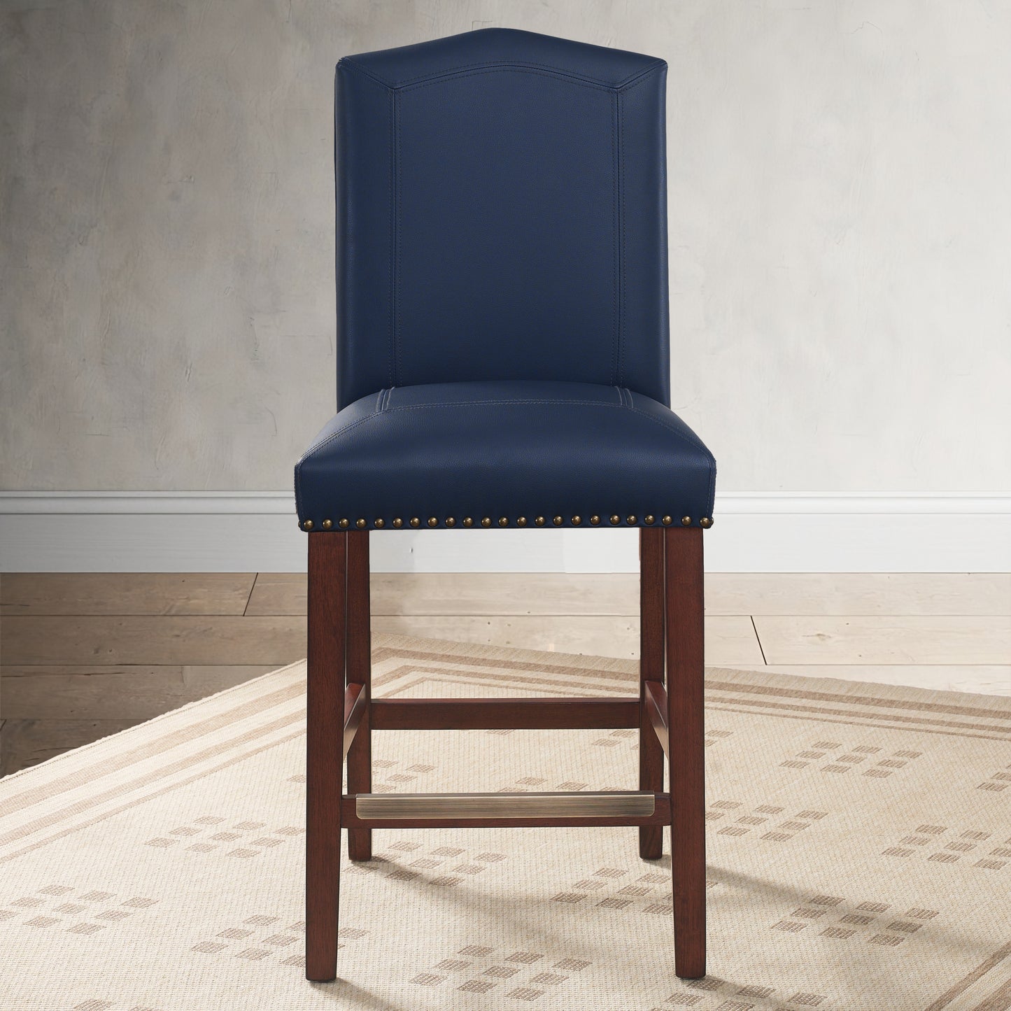 Daphne - Set of 2 - 23" Navy Faux Leather Counter Stools with Solid Wood Frame