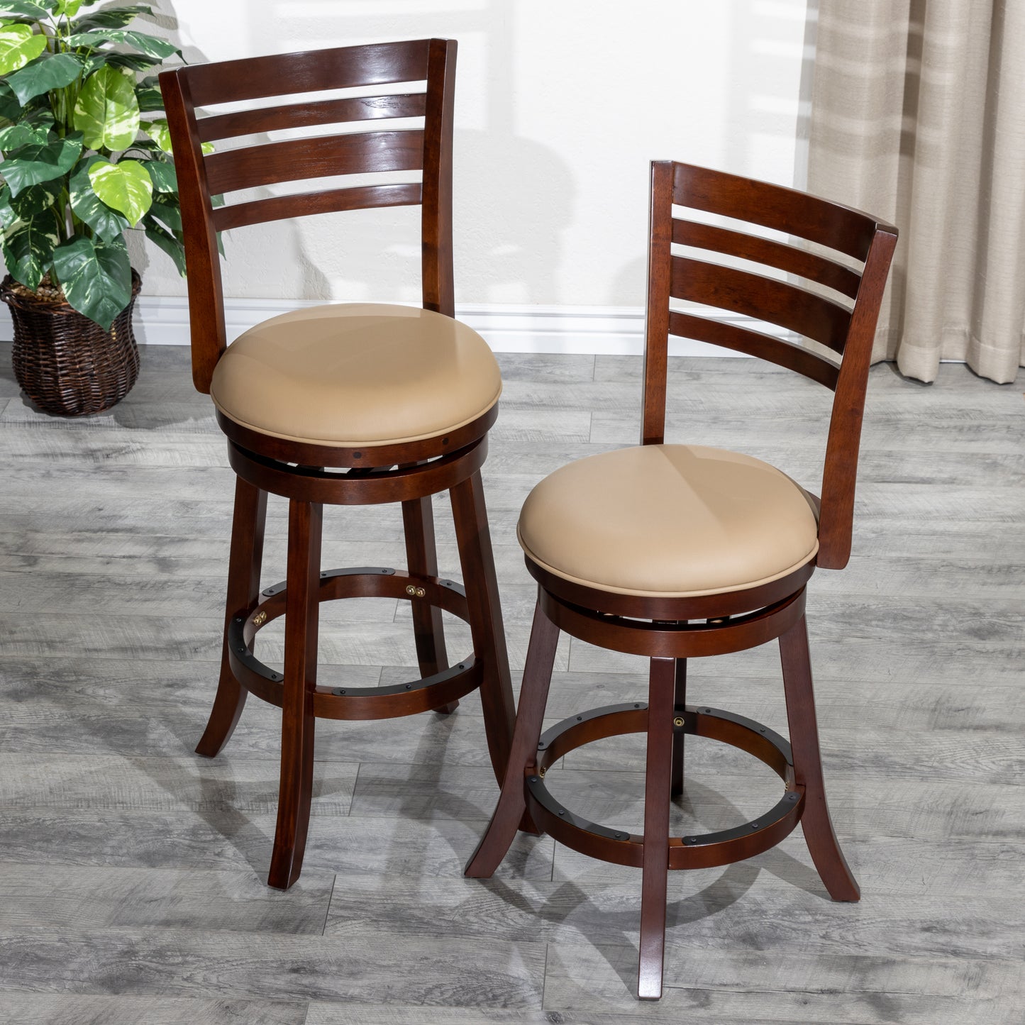 Hudson - Set of 2 - 24" Counter Height Saddle Stools with Weathered Gray Finish and Cream Leather Seat