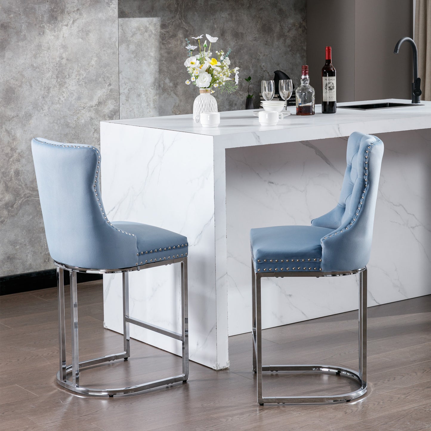 Harris - Set of 2 - 26" Light Blue Velvet Counter Height Bar Stools with Button Tufted Back, Rivet Trim, and Chrome Base for Kitchen Island