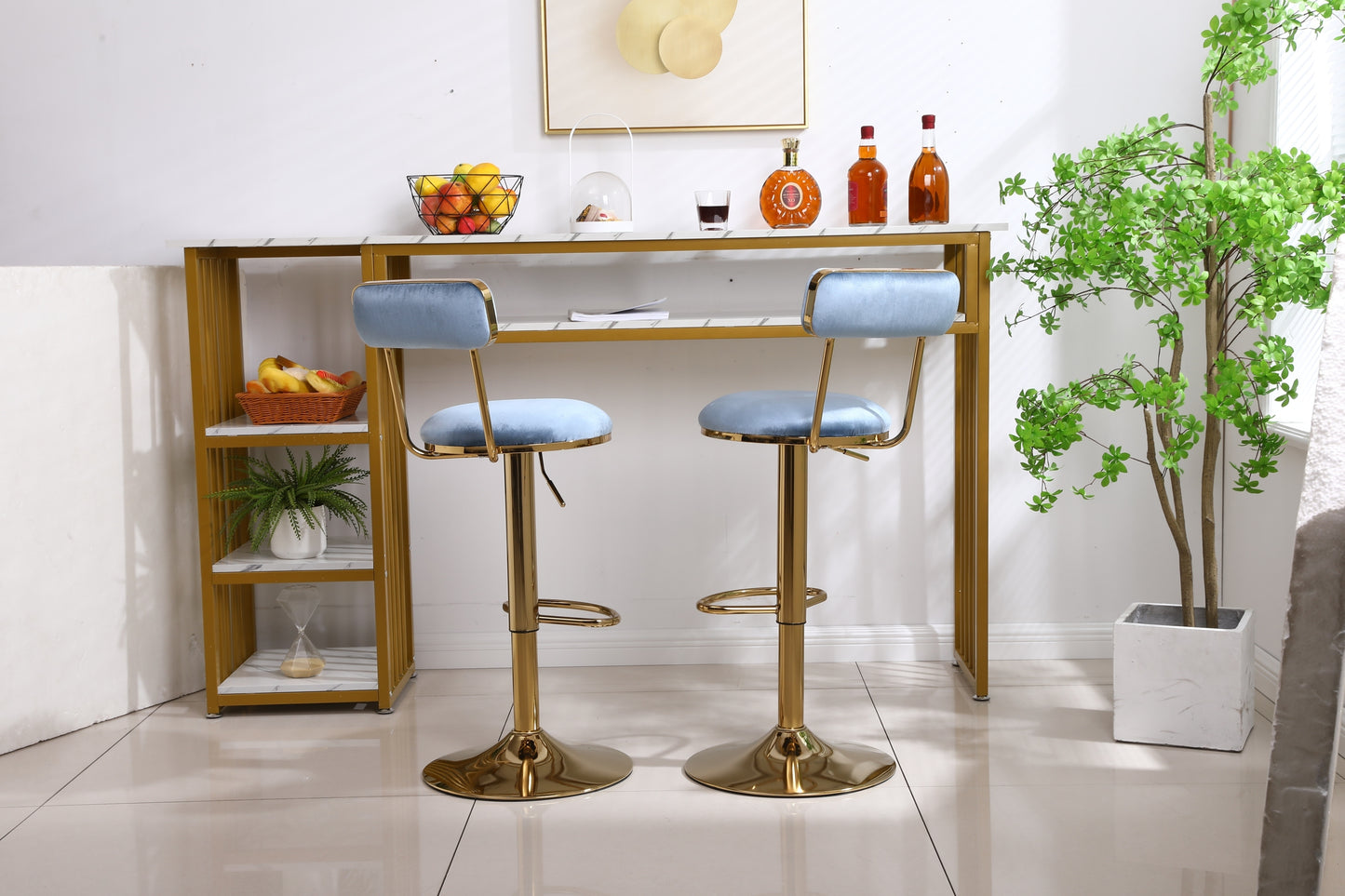 Imperia - Set of 2 - 24" to 30" Adjustable  Light Blue Velvet Bar Stools with Golden Steel Legs