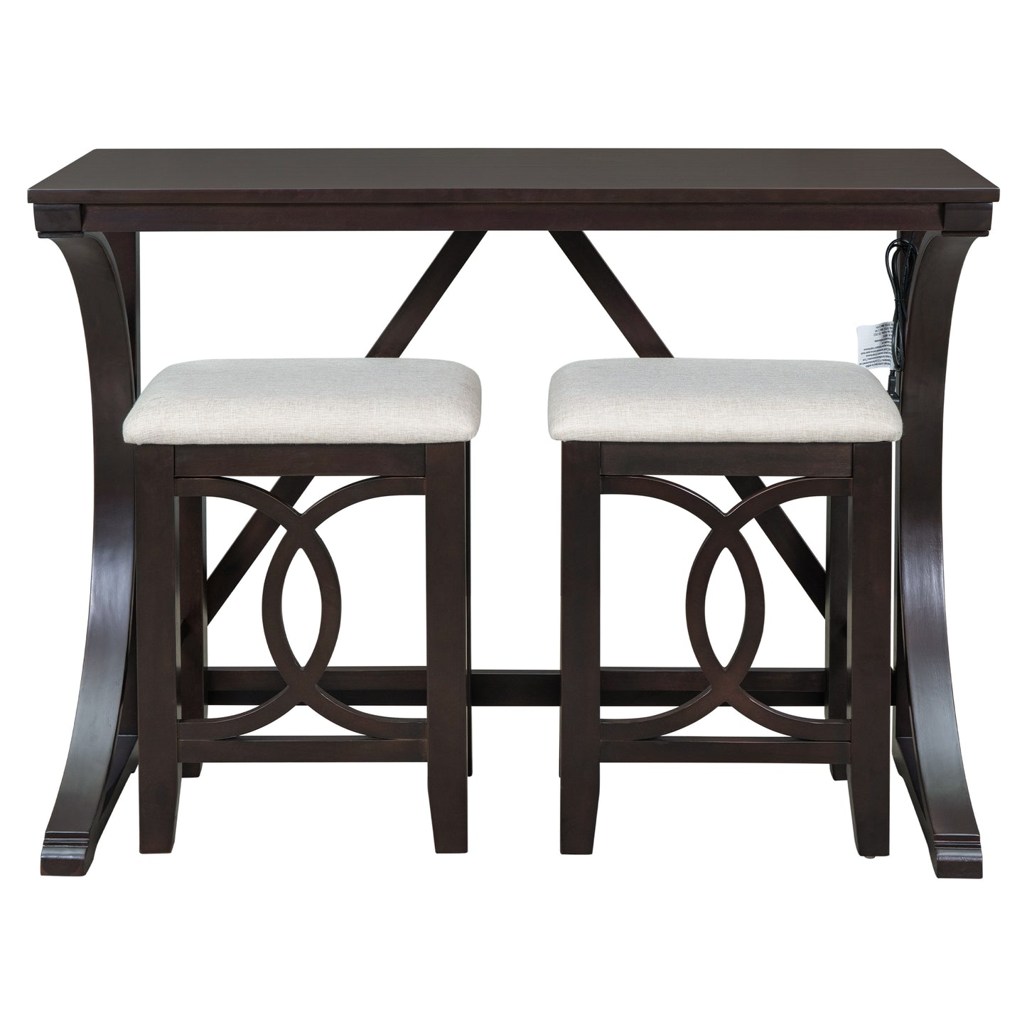 Brinova - Set of 2 - 24" Upholstered Counter Stools with USB Ports and Espresso Farmhouse Rubberwood Table (47.2")