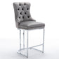 Regency - Set of 2 - 26" Gray Velvet Counter Height Bar Stools with Button Back & Rivet Trim, Upholstered Kitchen Island Chairs with Chrome Base