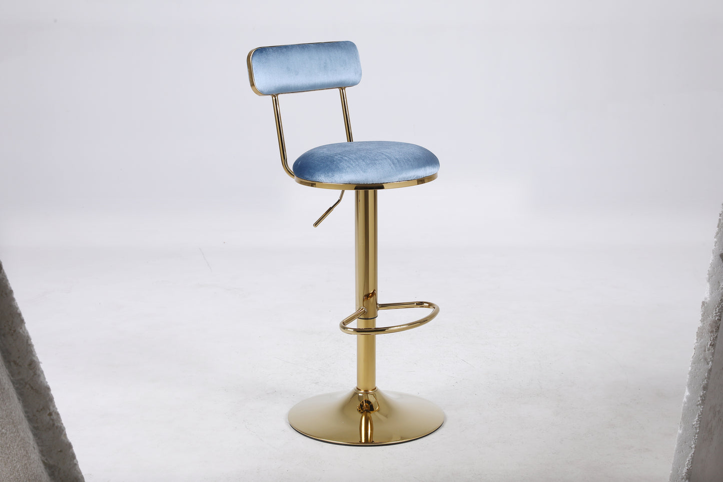 Imperia - Set of 2 - 24" to 30" Adjustable  Light Blue Velvet Bar Stools with Golden Steel Legs