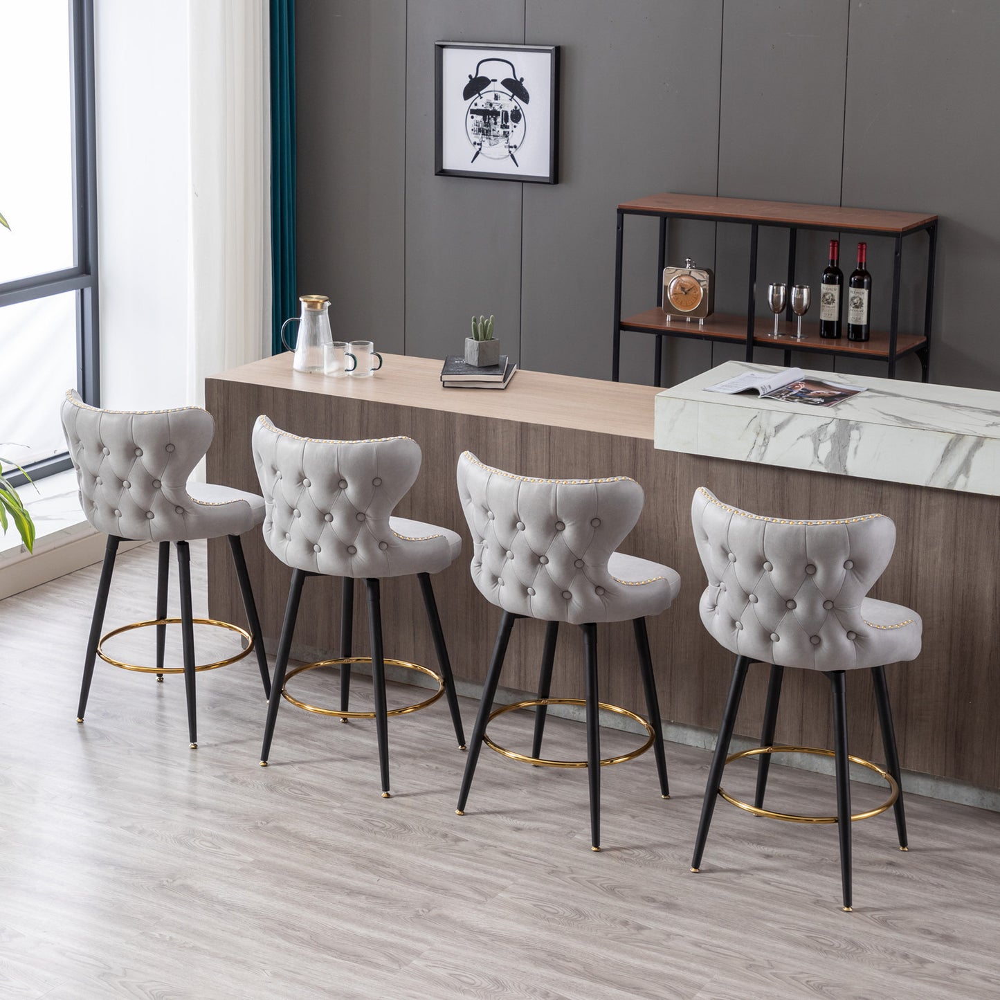 Amelia - Set of 2 – 25" Light Gray Counter Height Tufted Bar Stools with 180° Swivel, Gold Nailhead Trim, and Black Metal Legs