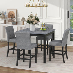 Lethyr - Set of 2 - 24" Black & Gray Rubberwood Counter Stools with Upholstered Seats, 5-Piece Dining Set, Square Table (36”H)