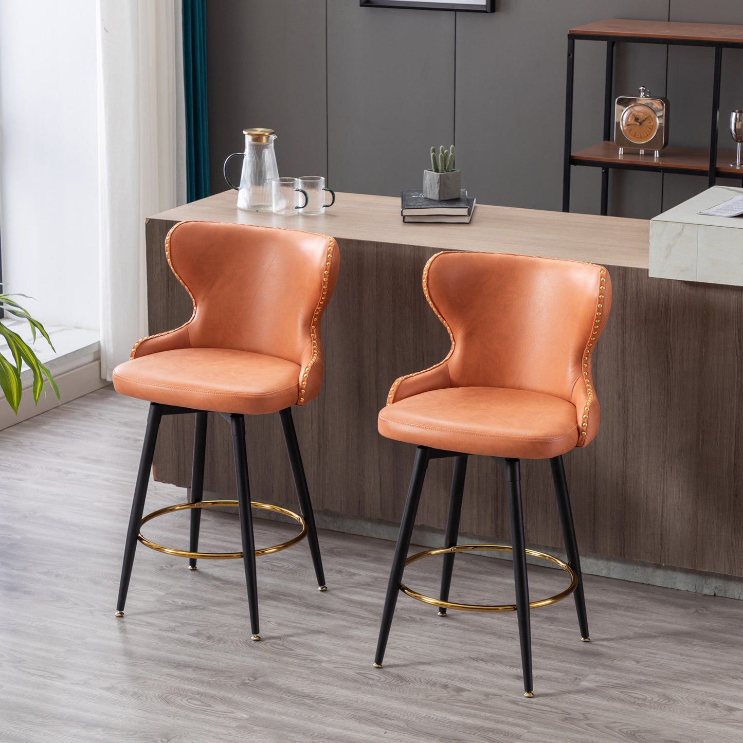 Vera - Set of 2 - Orange 25" Counter Height Swivel Bar Stools with Tufted Leathaire Fabric, Gold Nailhead Trim, and Black Metal Legs