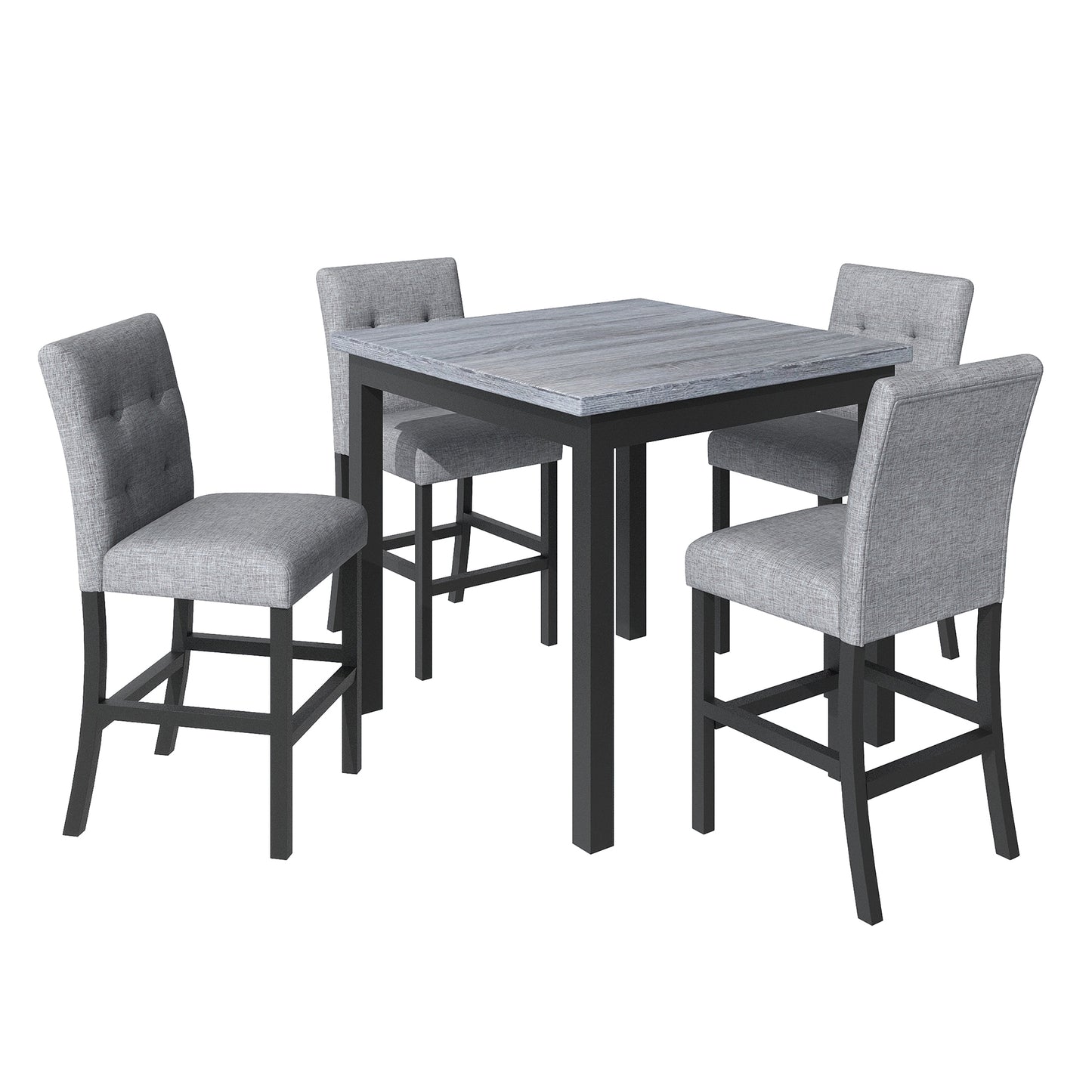 Lethyr - Set of 2 - 24" Black & Gray Rubberwood Counter Stools with Upholstered Seats, 5-Piece Dining Set, Square Table (36”H)