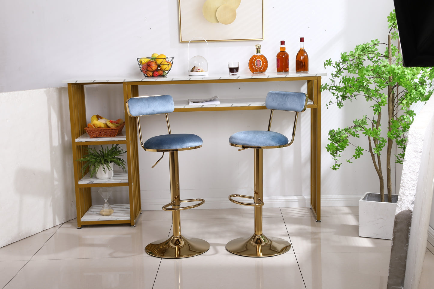 Imperia - Set of 2 - 24" to 30" Adjustable  Light Blue Velvet Bar Stools with Golden Steel Legs