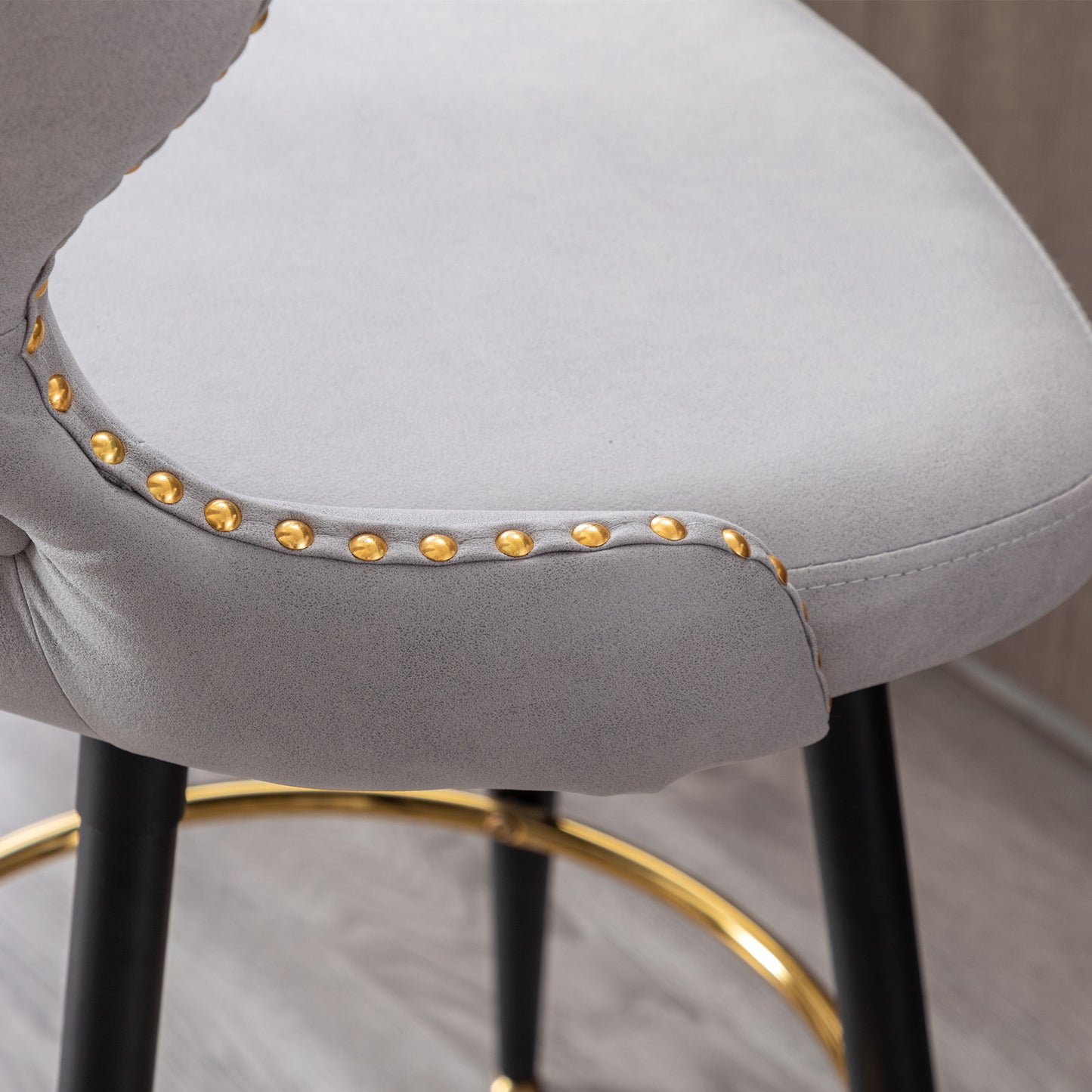 Amelia - Set of 2 – 25" Light Gray Counter Height Tufted Bar Stools with 180° Swivel, Gold Nailhead Trim, and Black Metal Legs