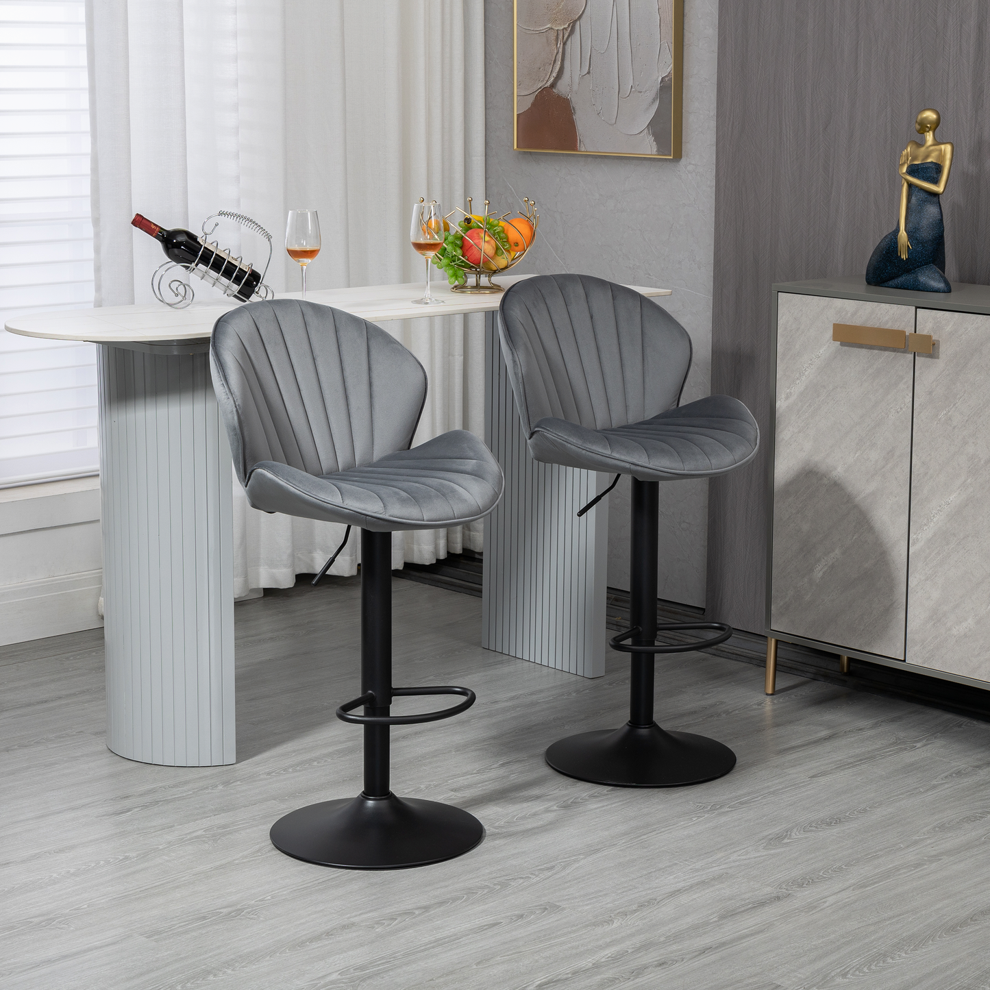 Victor - Set of 2 - 24-33" Adjustable Bar Stools with 19.49" Wide Grey Velvet Upholstery and Black Metal Base