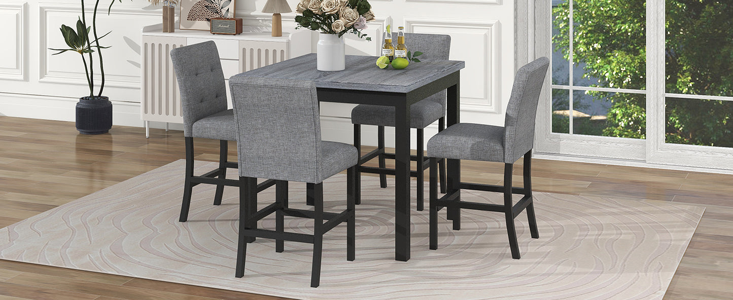 Lethyr - Set of 2 - 24" Black & Gray Rubberwood Counter Stools with Upholstered Seats, 5-Piece Dining Set, Square Table (36”H)