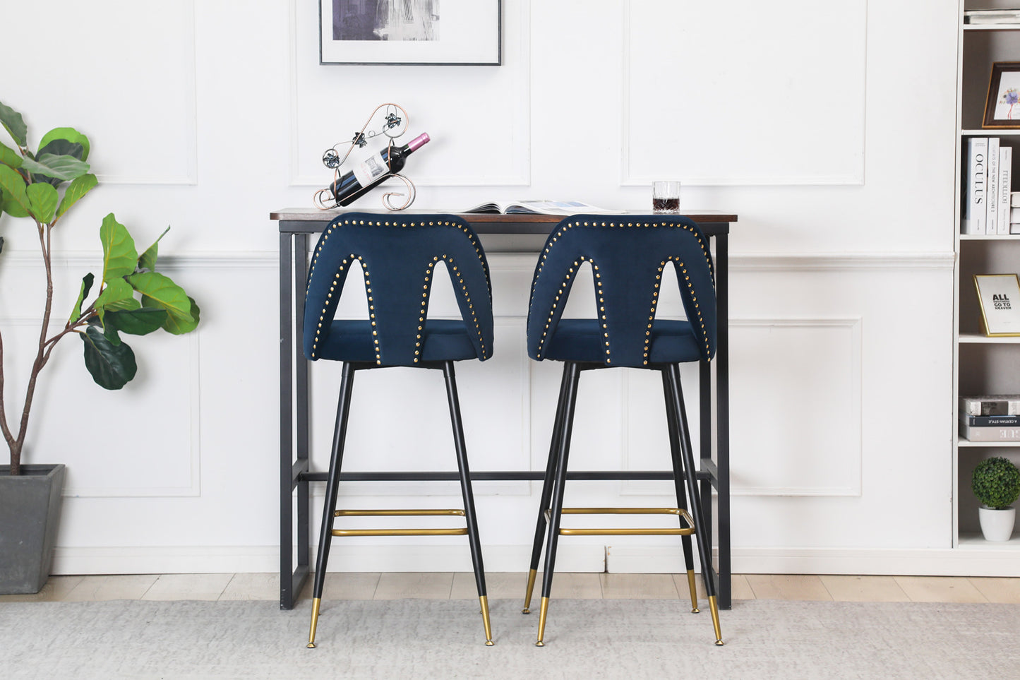 Zara - Set of 2 - 29" Blue Velvet Bar Stools with Gold-Tipped Black Metal Legs