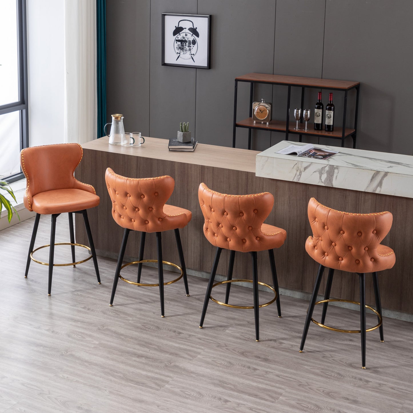 Vera - Set of 2 - Orange 25" Counter Height Swivel Bar Stools with Tufted Leathaire Fabric, Gold Nailhead Trim, and Black Metal Legs