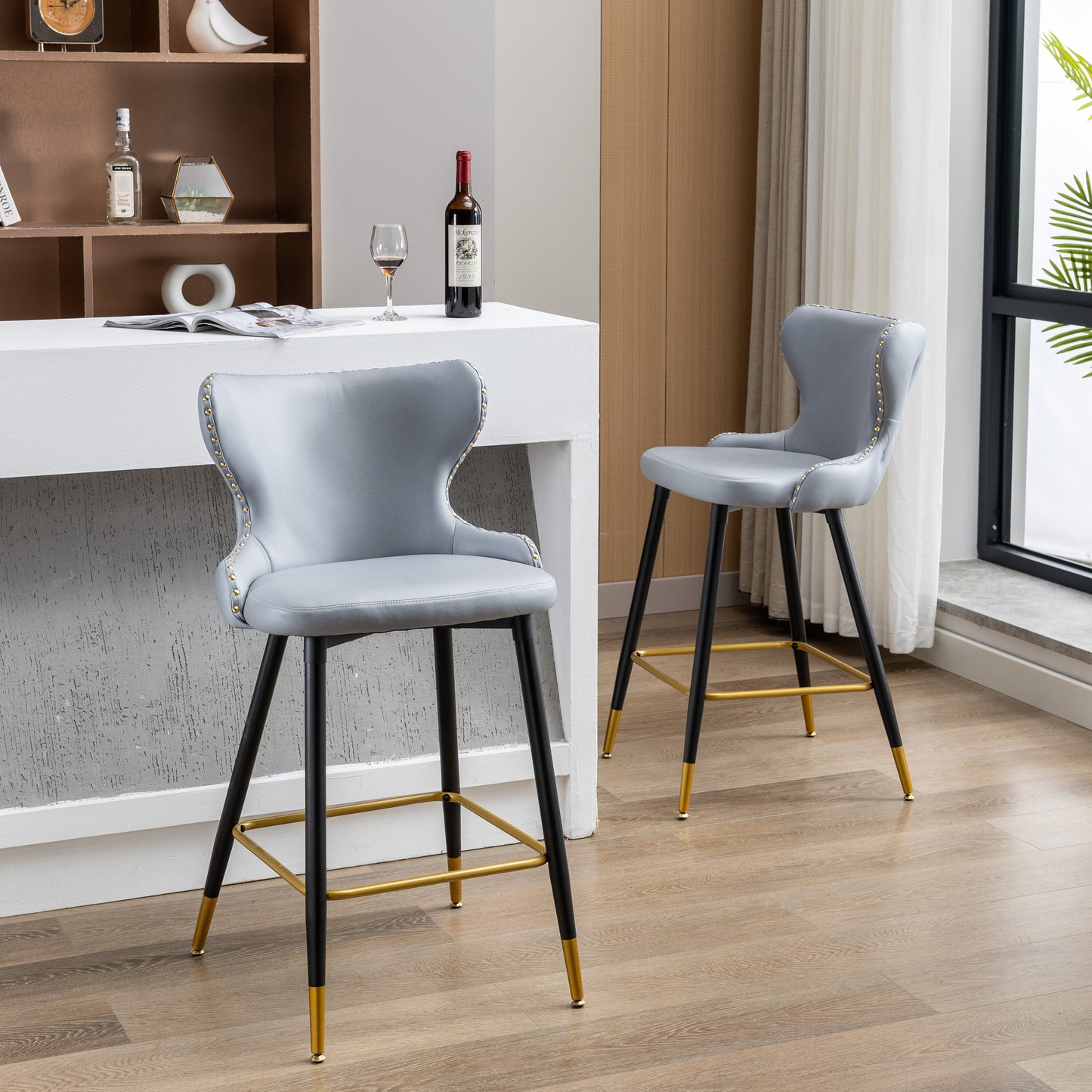 Shyanne - Set of 2 - 27" Bar Height Counter Stools with Backs, Modern Dining Bar Chairs with Iron Legs, Grey for Kitchen Island or Bistro