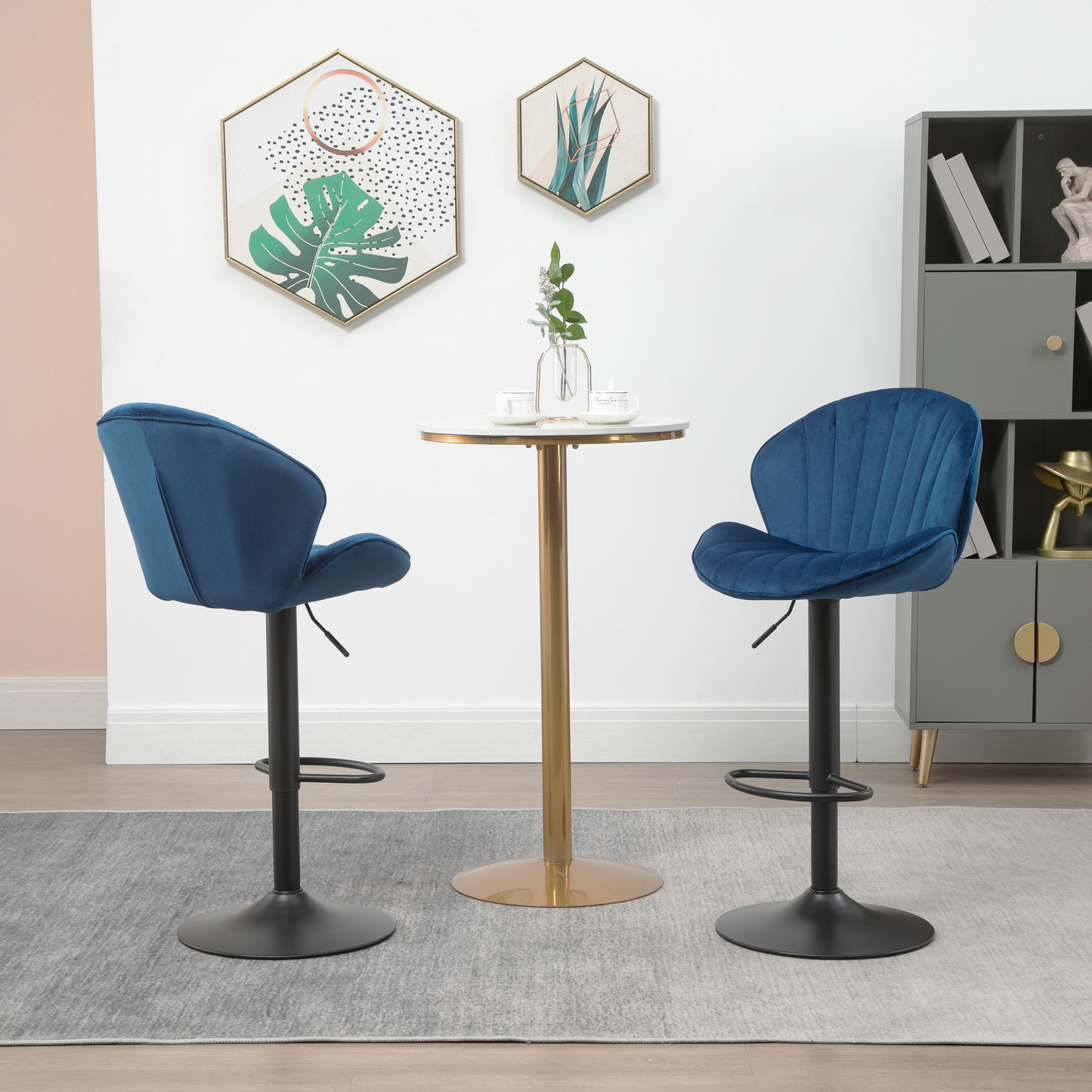 Molaris - Set of 2 - 30" Blue Velvet Adjustable Bar Stools with Backrest, Footrest, and Modern Design