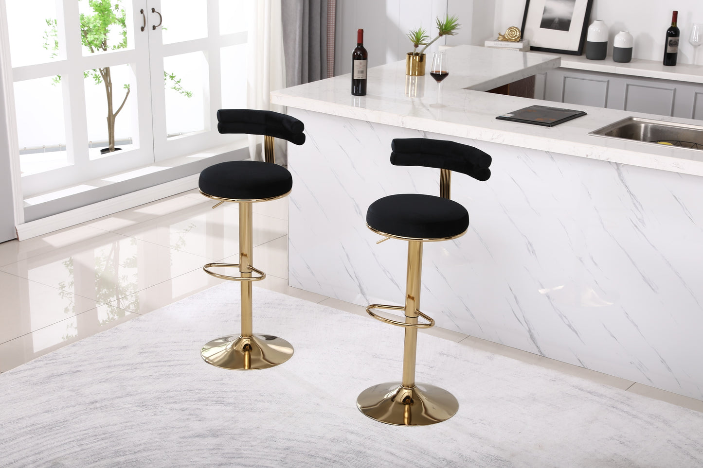 Hollis - Set of 2 - 26" Black Velvet Adjustable Counter & Bar Stools with Golden Iron Legs