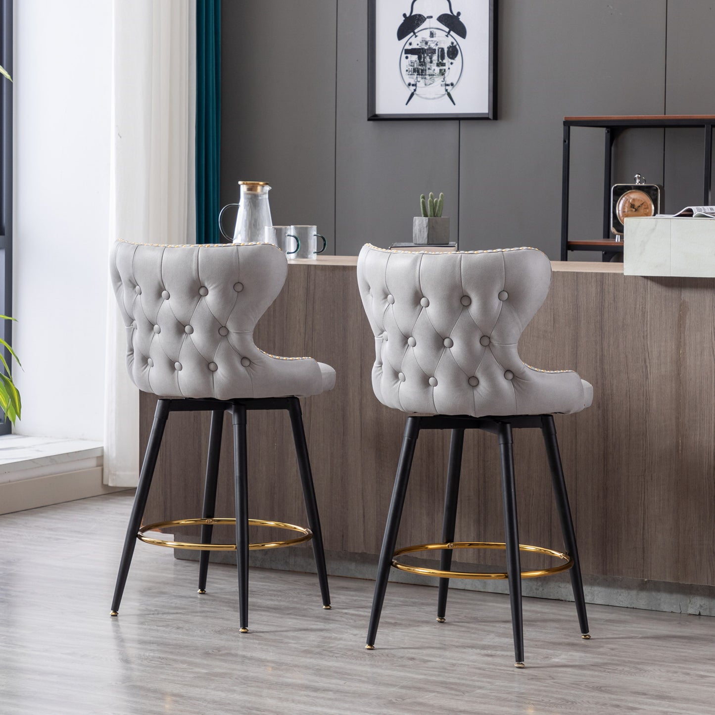 Amelia - Set of 2 – 25" Light Gray Counter Height Tufted Bar Stools with 180° Swivel, Gold Nailhead Trim, and Black Metal Legs