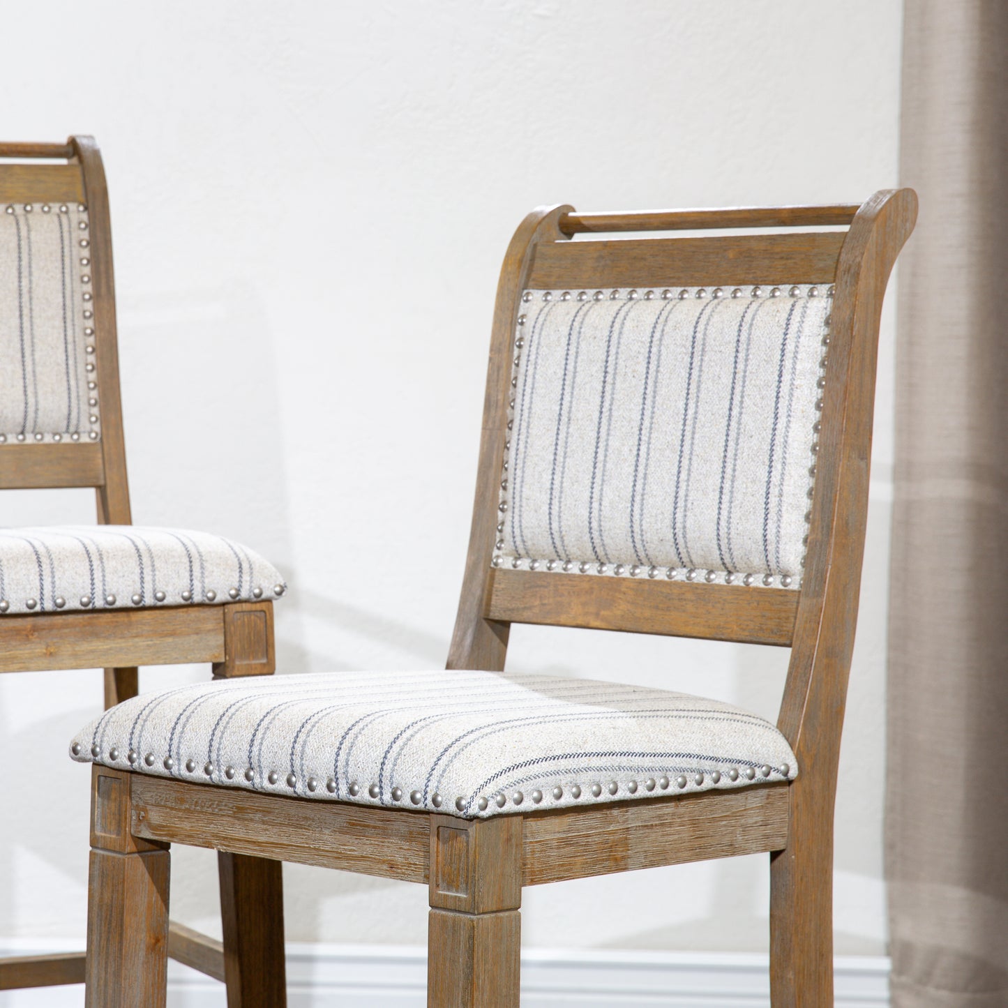 Santara - Set of 2 - 24" Rustic Counter Stools with Gray Wash Finish and Striped Upholstered Seat